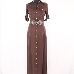 Bebe Women's Brown Silk Maxi Belted Shirt Dress